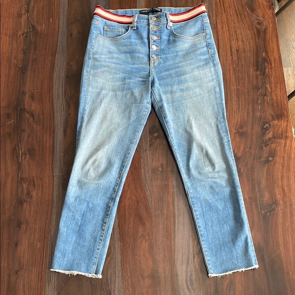 Veronica Beard Blue Denim Grotto Stripe Skinny Jean size 29/8 Button Fly